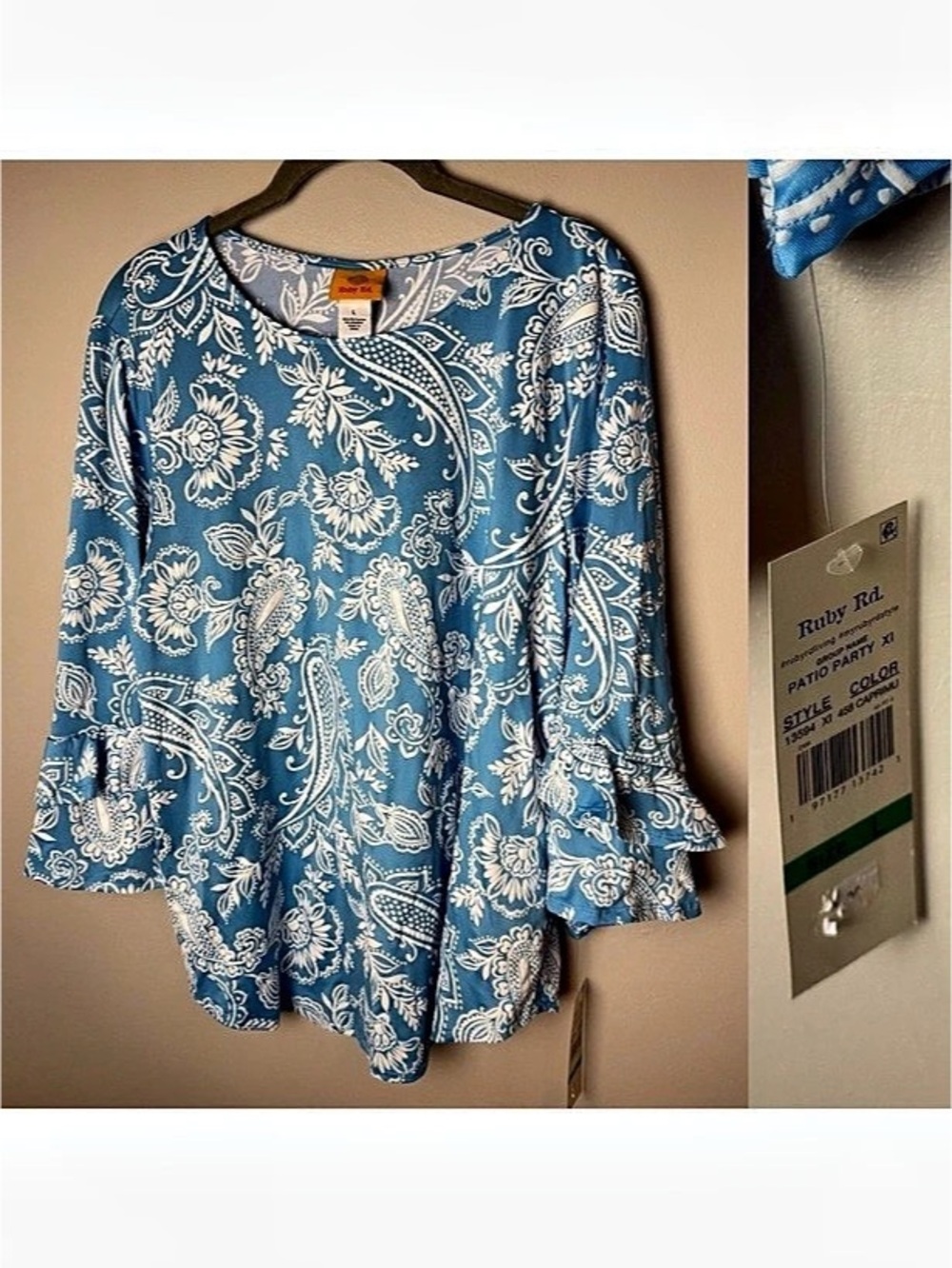 NEW Ruby Rd Top Size Large Capri Blue White Paisley 3/4 Tiered Sleeves Stretch